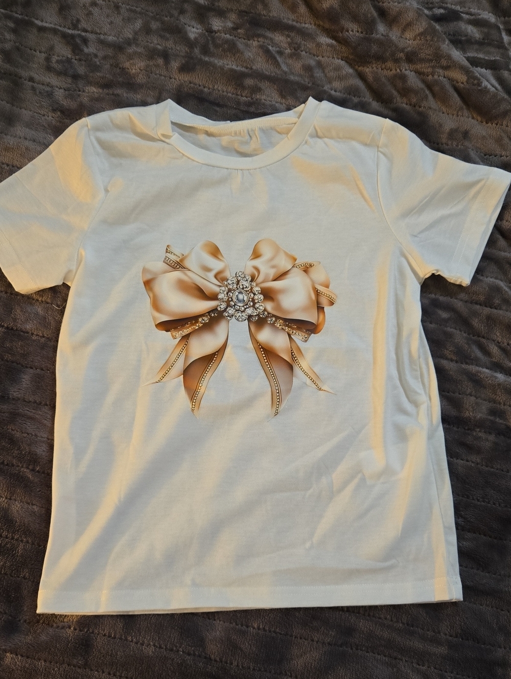 Source Unknown White Tee with Gold Bow Jewel Graphic